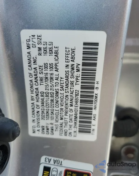 2014 Honda Cr-V Lx z USA, uszkodzony, nr VIN 2HKRM4H31EH697822